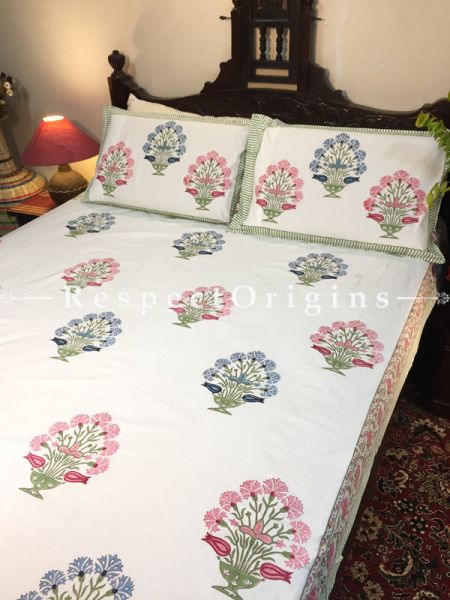 Serena Block Printed High Quality Double Bed Spread 108x90 Inches, Two Pillow shams; 30x20 Inches; RespectOrigins.com