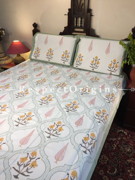 Kyra Block Printed High Quality Double Bed Spread 108x90 Inches, Two Pillow shams; 30x20 Inches; RespectOrigins.com