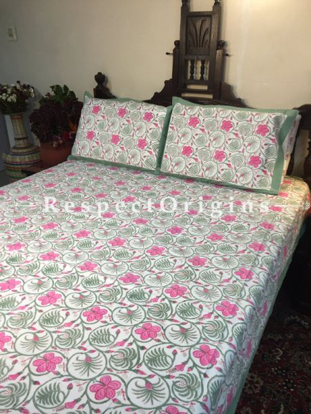 Tiana Block Printed High Quality Double Bed Spread 108x90 Inches, Two Pillow shams; 30x20 Inches; RespectOrigins.com