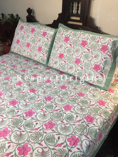 Tiana Block Printed High Quality Double Bed Spread 108x90 Inches, Two Pillow shams; 30x20 Inches; RespectOrigins.com