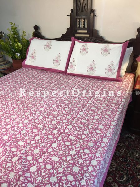 Roxanne Block Printed High Quality Double Bed Spread 108x90 Inches, Two Pillow shams; 30x20 Inches; RespectOrigins.com