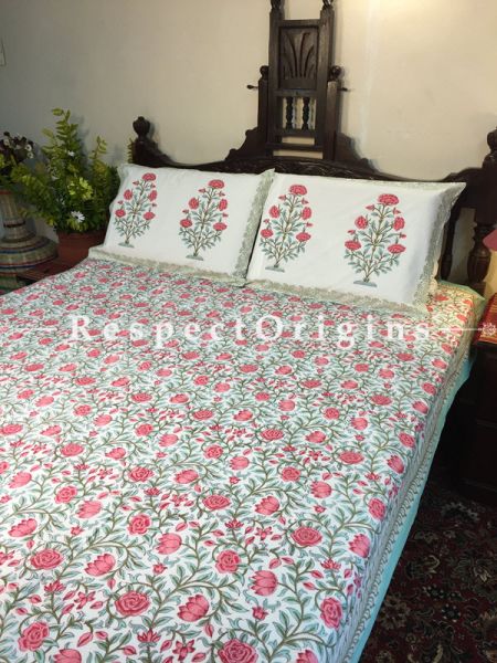 Oralia Block Printed High Quality Double Bed Spread 108x90 Inches, Two Pillow shams; 30x20 Inches; RespectOrigins.com
