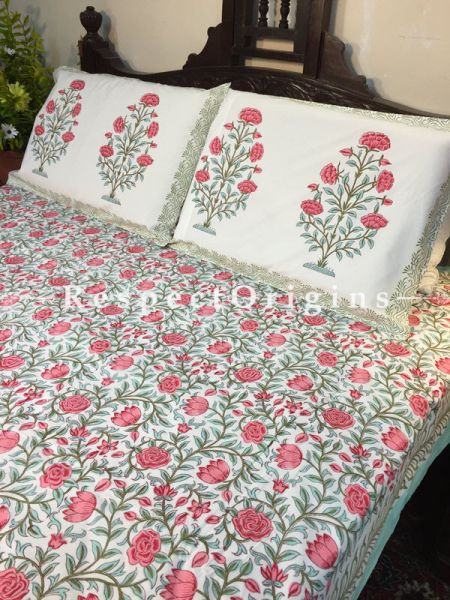 Oralia Block Printed High Quality Double Bed Spread 108x90 Inches, Two Pillow shams; 30x20 Inches; RespectOrigins.com
