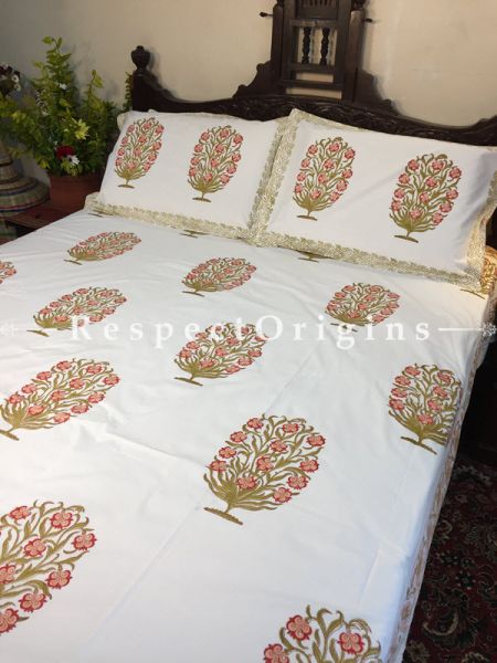 Noorah Block Printed High Quality Double Bed Spread 108x90 Inches, Two Pillow shams; 30x20 Inches; RespectOrigins.com