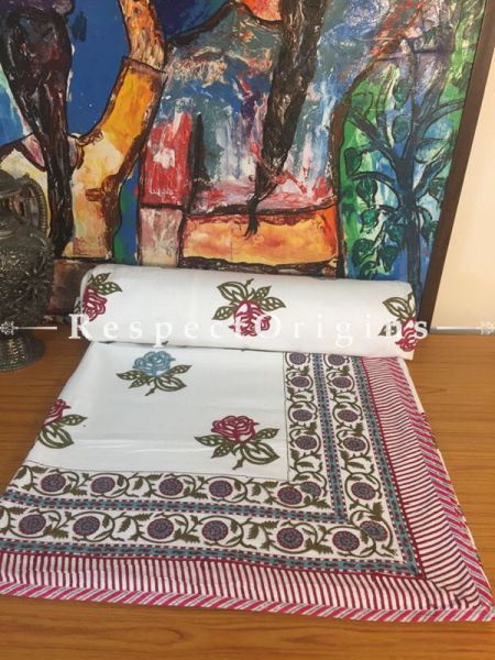 Summery White Pure Cotton Hand Block Printed Double Jaipuri Dohar Comforter Quilt with Colorful Floral Motifs; 108 x 90 Inches; RespectOrigins.com