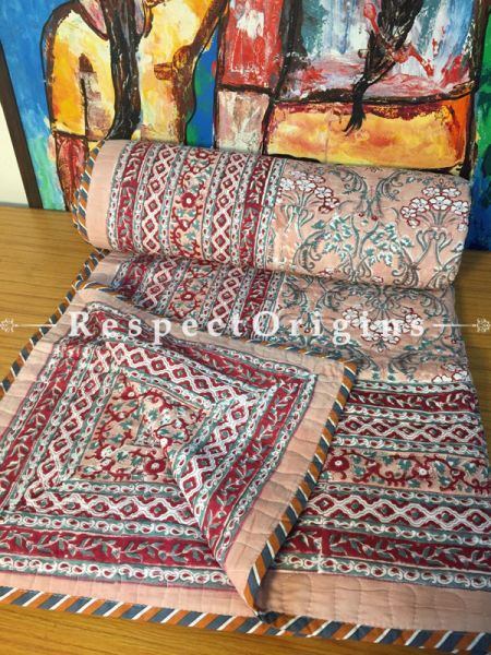 Rimjhim Hand Block Printed Luxury Rich Cotton Filled Reversible King Size Jaipuri Quilt with Colorful Vine Motifs; 110 X 84 Inches  ; RespectOrigins.com