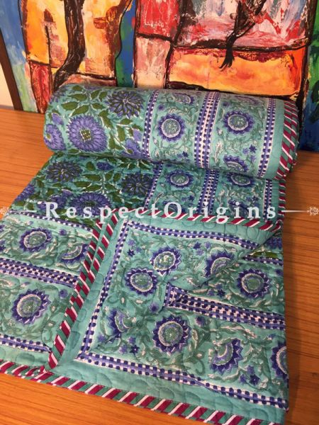 Tarang Floral Hand Block Printed Luxury Rich Cotton Filled ReversibleKing Size Jaipuri Quilt In Blue  with Colorful Motifs; 110 X 84 Inches  ; RespectOrigins.com