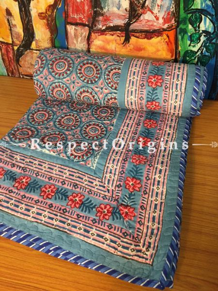 Elegant Hand Block Printed Luxury Rich Cotton Filled Reversible King Size Jaipuri Quilt in Blue with Colorful Country  Motifs; 110 X 84 Inches; RespectOrigins.com