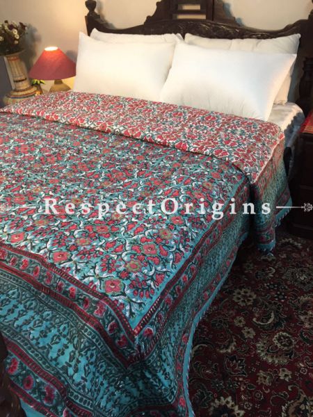 Aqua Blue N  Red Hand Block Printed Luxury Rich Cotton Filled ReversibleKing Size Jaipuri Quilt with Colorful Floral Motifs; 110 X 84 Inches; RespectOrigins.com