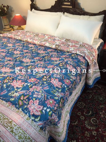 Exquisite Hand Block Printed Luxury Rich Cotton Filled Reversible King Size Jaipuri Quilt in Persian Blue with Colorful Floral Motifs; 110 X 84 Inches; RespectOrigins.com