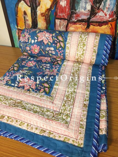 Exquisite Hand Block Printed Luxury Rich Cotton Filled Reversible King Size Jaipuri Quilt in Persian Blue with Colorful Floral Motifs; 110 X 84 Inches; RespectOrigins.com