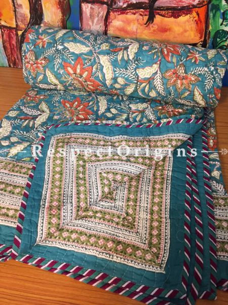 Gulistan Hand Block Printed Luxury Rich Cotton Filled ReversibleKing Size Jaipuri Quilt in Blue with Colorful Floral Motifs; 110 X 84 Inches; RespectOrigins.com