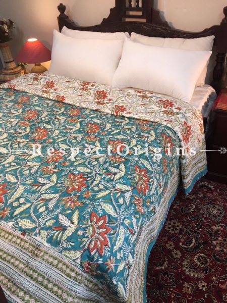 Gulistan Hand Block Printed Luxury Rich Cotton Filled ReversibleKing Size Jaipuri Quilt in Blue with Colorful Floral Motifs; 110 X 84 Inches; RespectOrigins.com