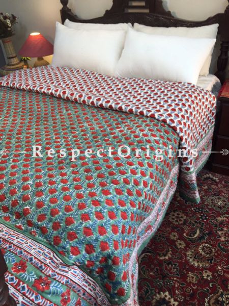 Colorful Hand Block Printed Luxury Rich Cotton Filled Reversible King Size Jaipuri Quilt Floral Motifs; 110 X 84 Inches; RespectOrigins.com