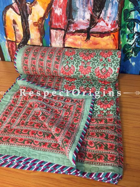 Green N Red  Hand Block Printed Luxury Rich Cotton Filled Reversible King Size Jaipuri Quilt with Colorful  Floral Motifs; 110 X 84 Inches; RespectOrigins.com