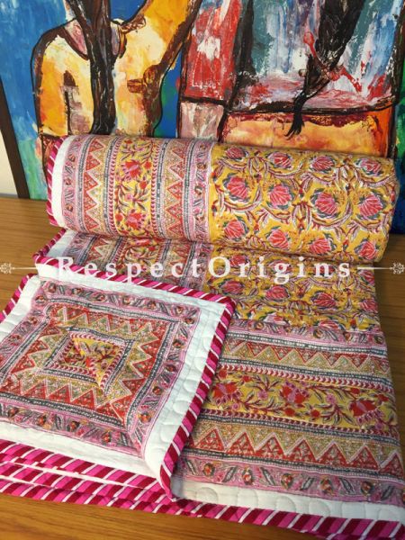 Vaidehi Hand Block Printed Luxury Rich Cotton Filled Reversible King Size Jaipuri Quilt with Colorful Floral Motifs; 110 X 84 Inches; RespectOrigins.com