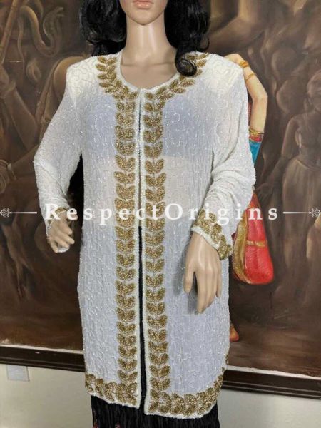 Stunning White Georgette Formal Dress Kaftan Kurti Top with Beadwork; RespectOrigins.com
