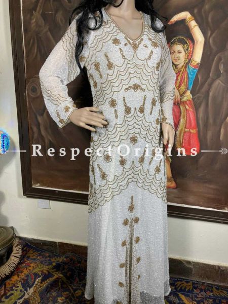 Stunning Cream Georgette Formal Dress Kaftan Kurti Top with Beadwork; RespectOrigins.com