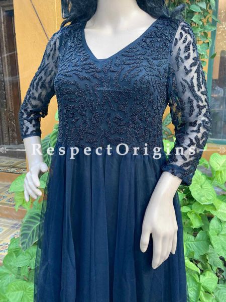 Gorgeous Georgette Formal Kaftan Dress  with Beadwork in Navy Blue; RespectOrigins.com