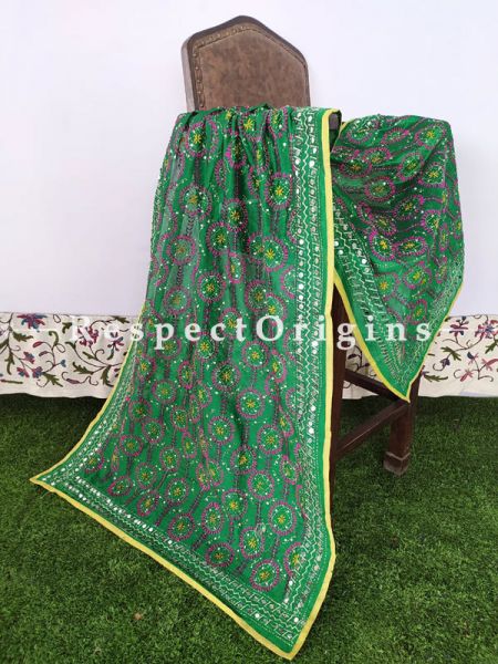 Phulkari Hand-embroidered Bottle Green Cotton Colourful Dupatta with Piping and Tinsels at Borders; Length 90 X 40 Width Inches; RespectOrigins.com