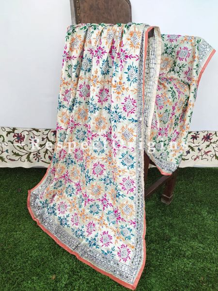 Colorful Phulkari Hand-Embroidered Dupatta in Off White with Piping and Tinsels at Borders; Length 90 X 40 Width Inches; RespectOrigins.com