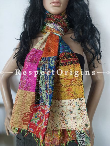 Kantha Stitch Patchwork Silk Stole In Hues Of Blue,Cream & Yellow; Length 80 X Width 20 Inches ; RespectOrigins.com