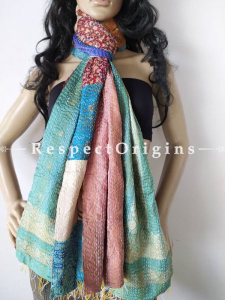 Kantha Stitch Patchwork Silk Stole In Swathes Of Royal And Sky Blue & Ivory; Length 80 X Width 20 Inches; RespectOrigins.com