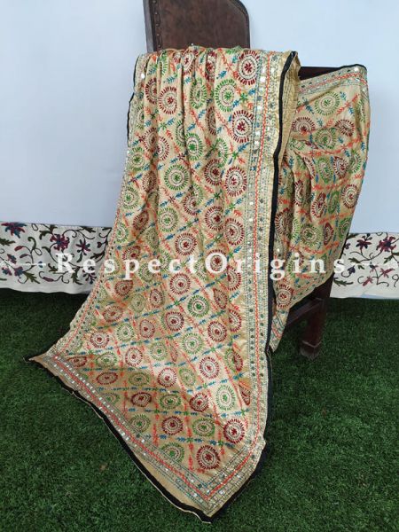 Colourful Phulkari Hand-embroidered Beige Cotton Dupatta with Piping and Tinsels at Borders; Length 90 X 40 Width Inches; RespectOrigins.com