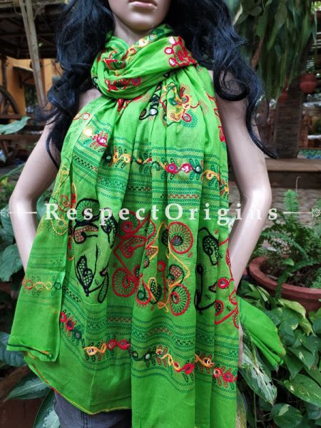 Gorgeous Hand Embroidered Cotton Mirrorwork Stole in Green; 87 X 44 Inches; RespectOrigins.com