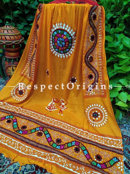 Lovely Hand Embroidered Cotton Mirrorwork Stole in Mustard; 87 X 44 Inches; RespectOrigins.com
