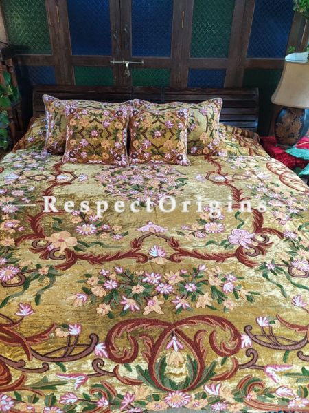 Emelia Beige Luxury Velvet Hand-embroidered Aari work King Bedspread  with Cushions; RespectOrigins.com