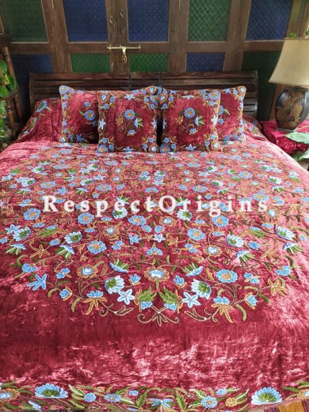 Caroline Rich Red Luxury Velvet Hand-embroidered Aari work King Bedspread with Cushions; RespectOrigins.com