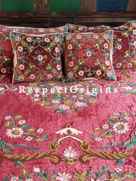 Daisy Red Luxury Velvet Hand-embroidered Aari work King Bedspread With Cushions; RespectOrigins.com