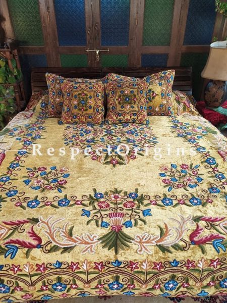 Jasper Rich Beige Luxury Velvet Hand-embroidered Aari work King Bedspread with Cushions; RespectOrigins.com