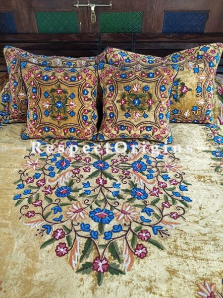 Eliza Almond Luxury Soft Velvet Embroidered King Aari work Bedspread and Cushions; RespectOrigins.com
