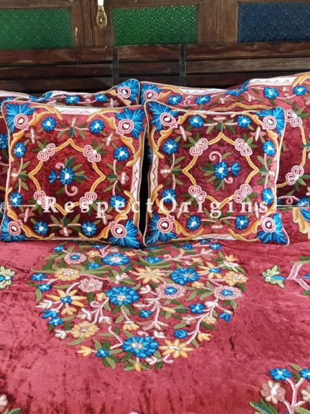 Myra Rich Red Luxury Velvet Hand-embroidered Aari work King Bedspread with Cushions; RespectOrigins.com