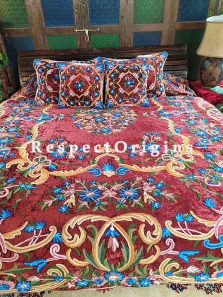 Georgia Red Luxury Soft Velvet Embroidered King Aari work Bedspread and Cushions; RespectOrigins.com