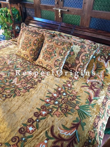 Sarah Beige Luxury Velvet Hand-embroidered Aari work King Bedspread with Cushions; RespectOrigins.com
