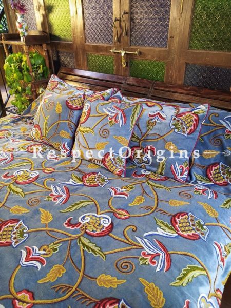Selina Gray Luxury Velvet Hand-embroidered Aari work King Bedspread with Cushions; RespectOrigins.com