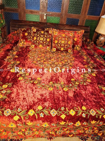 Willa Royal Red Luxury Velvet Hand-embroidered Aari work King Bedspread with Cushions; RespectOrigins.com