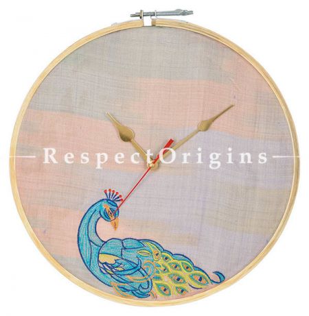 Buy Stunning Hand Embroidered Peacock Wall Clock; Dia -12 in; Silk Fabric With 2 Wooden Loops At RespectOrigins.com