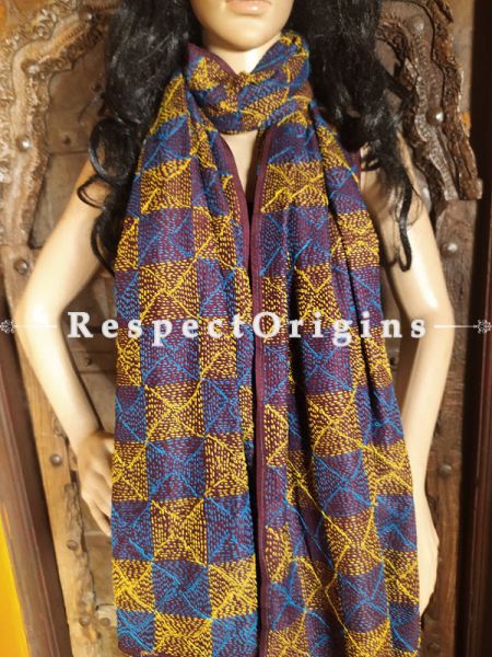 Ethnic Silken Kantha Embroidered Brown, yellow and Blue Stole, Dupatta, Shawl; RespectOrigins.com