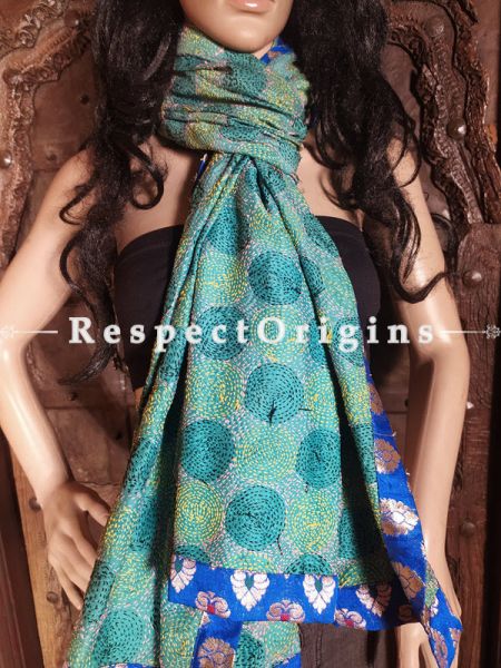 Magnificent Silken Kantha Embroidered Green and Blue Stole with Zari work Border