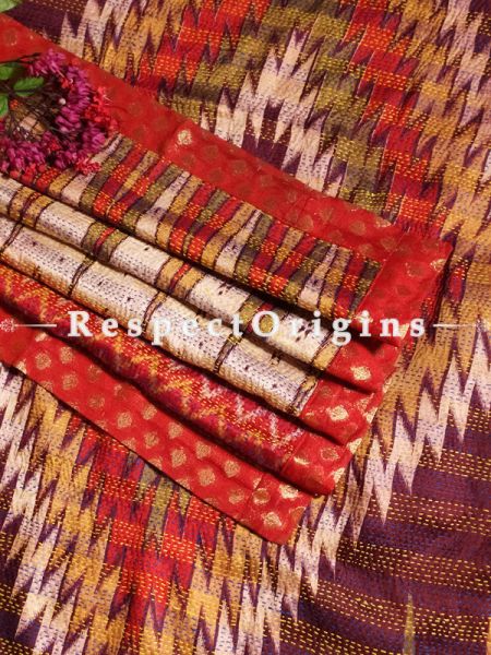 Magnificent Silken Kantha Embroidered Multi-Colored Stole with Red Zari work Border