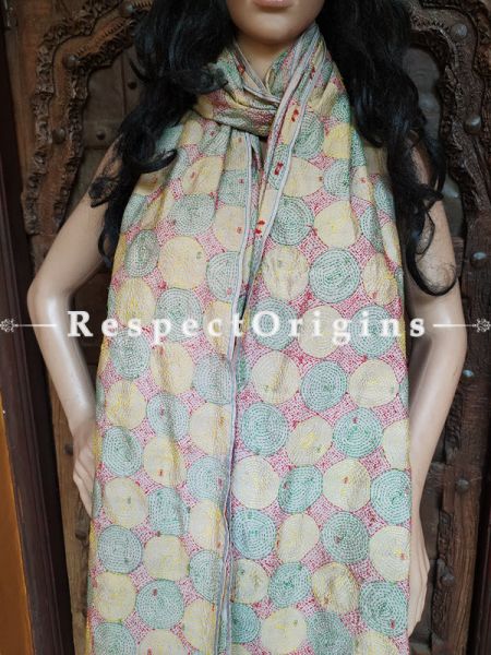 Ethnic Silken Kantha Embroidered Green, Red and Yellow Stole, Dupatta, Shawl; RespectOrigins.com