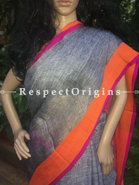 Exclusive Grey Handloom Linen Saree; orange and Pink Border, RespectOrigins.com