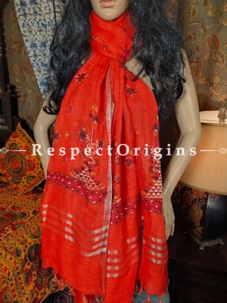 Exclusive Linen Soof Embroidered Stoles or Dupattas; Red Online at RespectOrigins.com