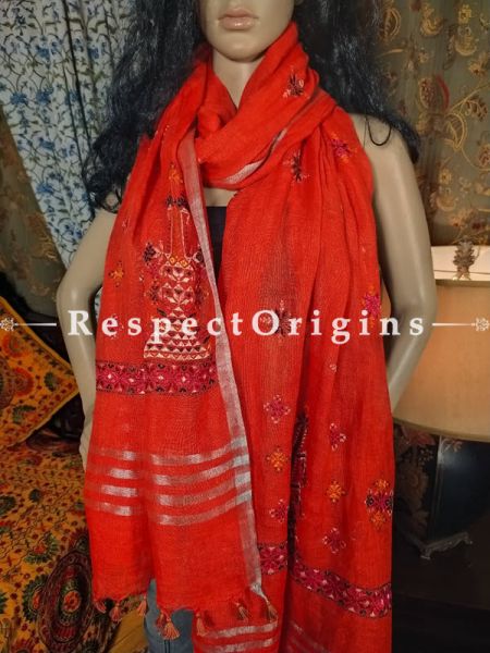 Exclusive Linen Soof Embroidered Stoles or Dupattas; Red Online at RespectOrigins.com