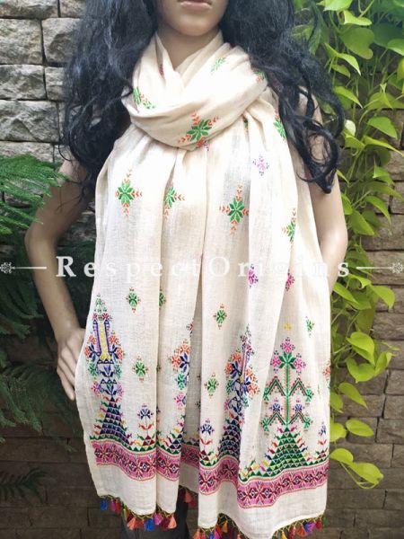 Exclusive Linen Soof Embroidered Stoles or Dupattas; White With Yellow, Green, Orange and Purple Hand Embroidery Online at RespectOrigins.com