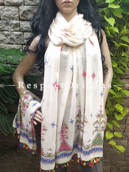 Exclusive Linen Soof Embroidered Stoles or Dupattas; White With Green, Blue and Maroon Hand Embroidery Online at RespectOrigins.com